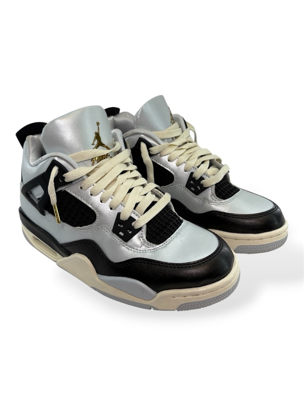 Air Jordan 4 Retro Platinum Black Leather Hi-Top Sneakers Big Kids Boys Size 5.5
